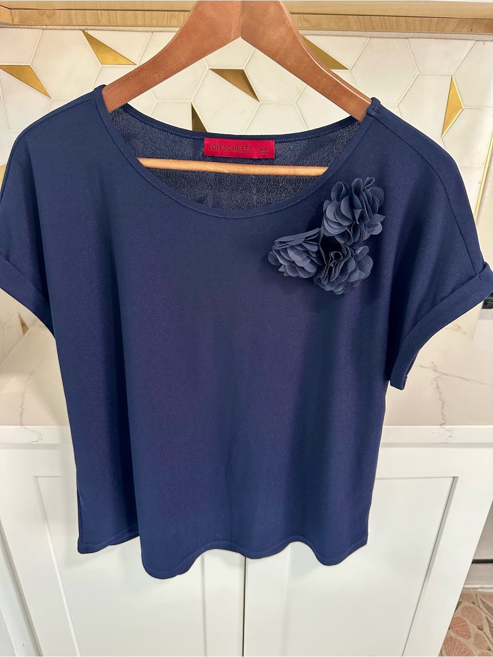 Scarlett Navy Short Sleeve Top with Floral Cluster